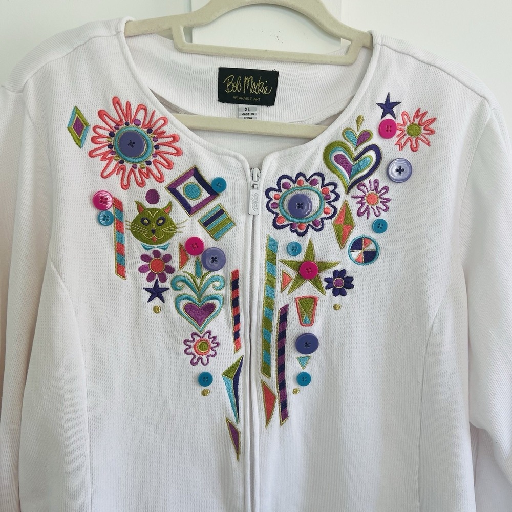 Women's Bob Mackie Wearable Art Zip Jacket, 3/4 Sleeves, Colorful, Cotton, Sz XL - Picture 3 of 10
